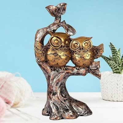 Vintage Owl Family Figurine on Tree Branch – Rustic Resin Owl Statue Home Décor