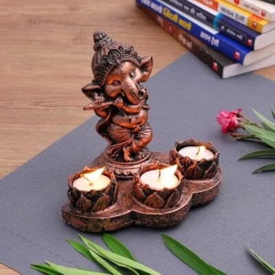 Ganesha Tea Light Candle Holder with Lotus Base – Antique Finish Home Décor