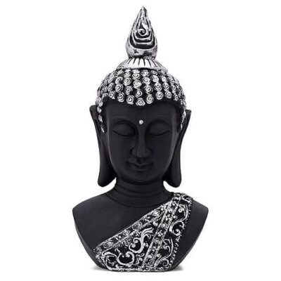 Elegant Black Buddha Bust Statue with Silver Detailing – Decorative Home Décor Showpiece