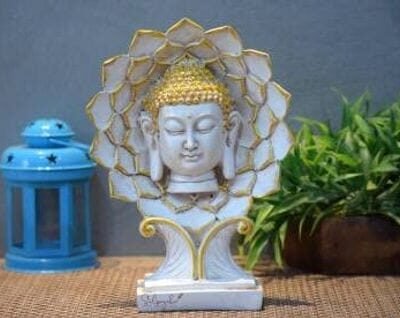 Buddha Face Statue with Lotus Halo | White & Gold Polyresin Idol | Feng Shui Spiritual Home Décor Showpiece for Living Room, Office & Gifting